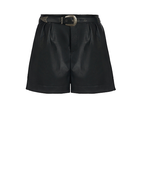 Black Faux Leather Belted Shorts, 1