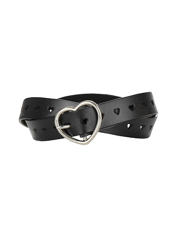 Black Leather Belt With Silver Heart-Shaped Buckle , 1