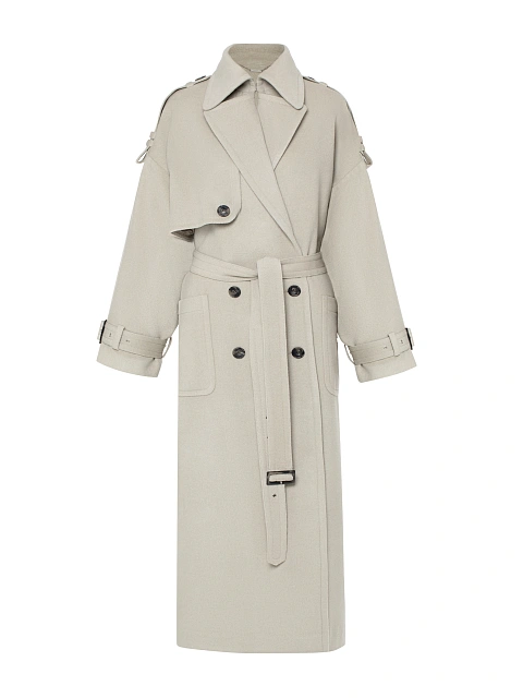 Beige Double Breasted Wool Trench, 3