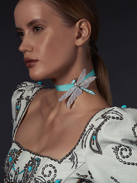 White Gold, Diamonds, Сhalcedony & Turquoise Dragonfly Brooch, 4