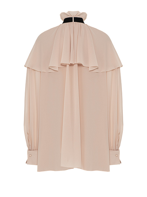 Beige chiffon blouse with ruffles and ribbon, 4