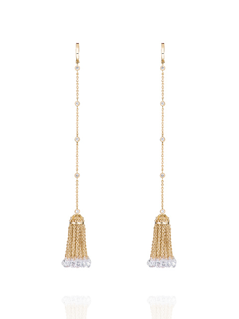 Briolette Rock Crystal, Round Topaz & Gold Tassel Earrings, 1