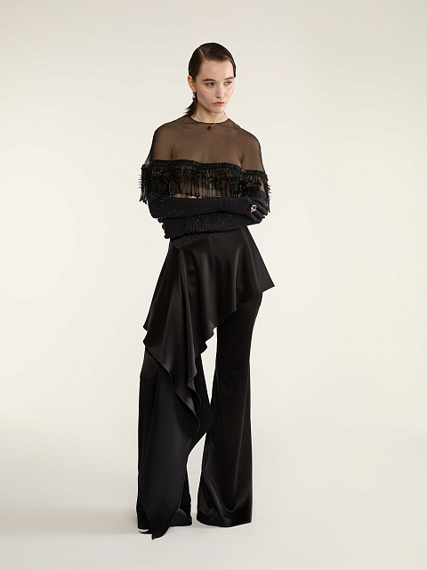 Black Silk Trousers With Asymmetrical Flounce, 5