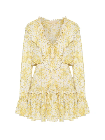 Yellow mini dress with floral print and ruffles, 1