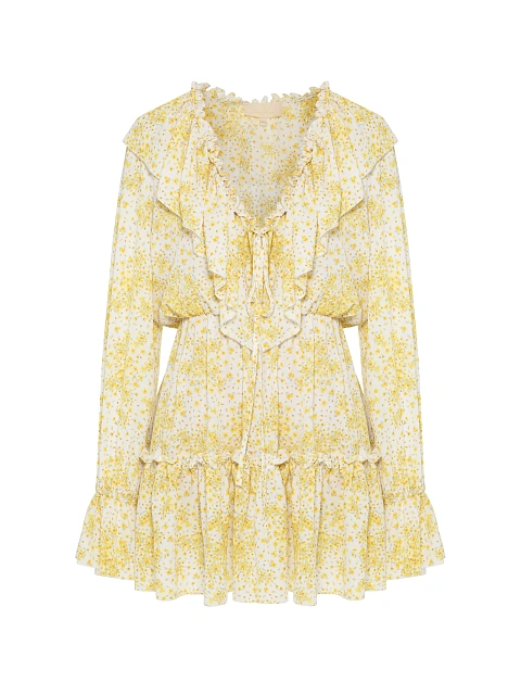 Yellow mini dress with floral print and ruffles, 1