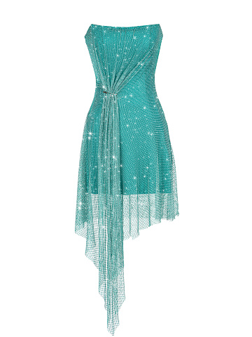 Turquoise Rhinestone Mesh Mini Dress, 1