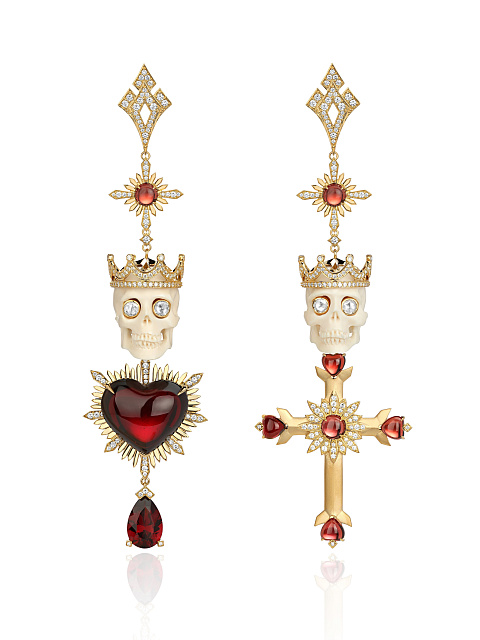 Gold Garnet & Diamond & Mammoth Tusk Skull Earrings, 1