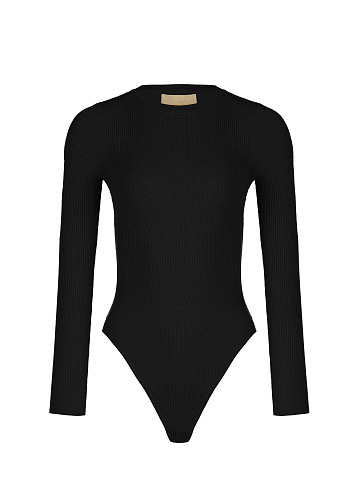 Black Ribbed Jersey L/S Round Neck Bodysuit, 1