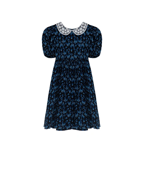 Girl's Blue Printed Lace Trim Dress, 1 Girl's Blue Printed Lace Trim Dress, 1