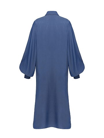 Blue Cotton Puff Sleeves Shirt Dress, 2