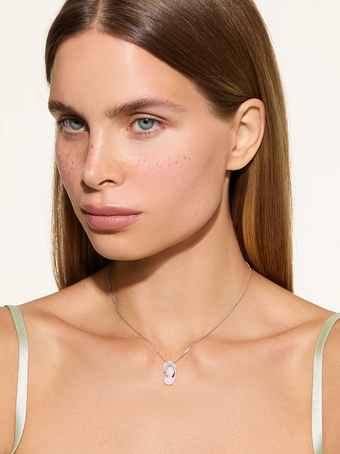 White gold necklace with pendant with pink opal and enamel, 2