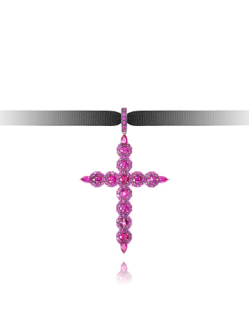 Cross-shaped pendant in blackened gold with rubies, 1