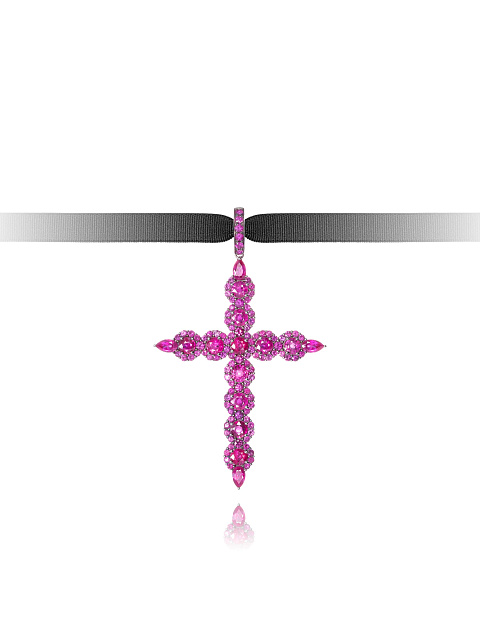 Cross-shaped pendant in blackened gold with rubies, 1 Cross-shaped pendant in blackened gold with rubies, 1