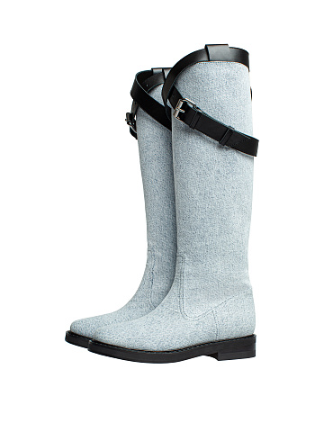 Light Blue Denim & Leather Buckled Knee Boots, 1