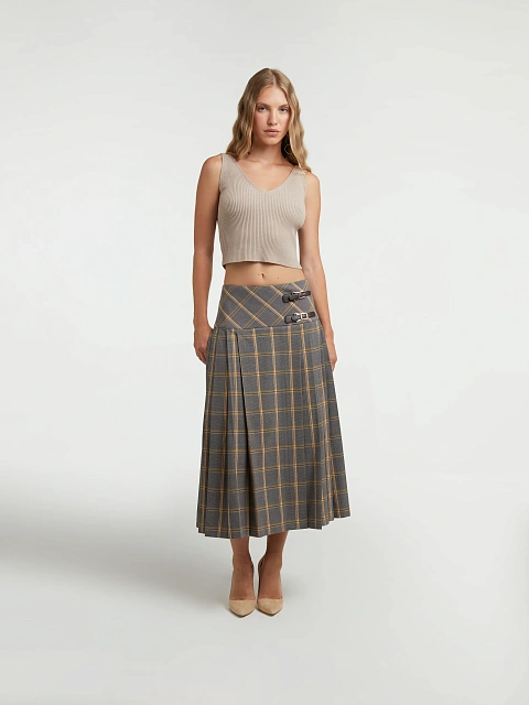Grey & Beige Checked Pleated Midi Skirt, 5 Grey & Beige Checked Pleated Midi Skirt, 5