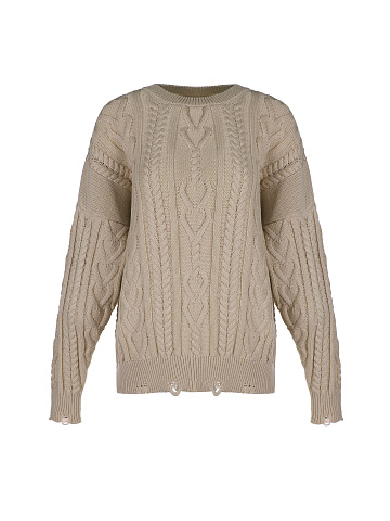 Light Brown Distressed Cable Knit Sweater, 1