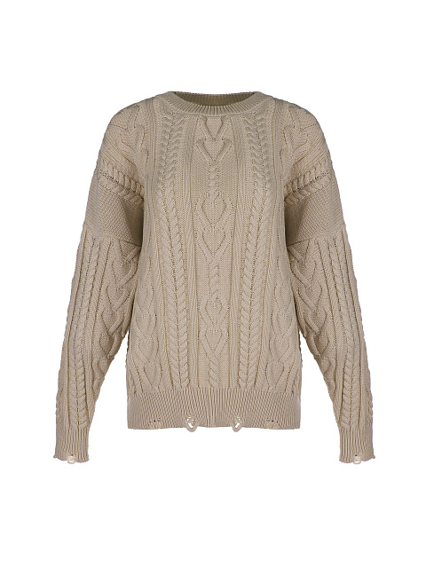 Light Brown Distressed Cable Knit Sweater, 1