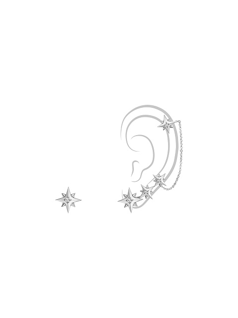 Short white gold earrings with ear cuff, 1