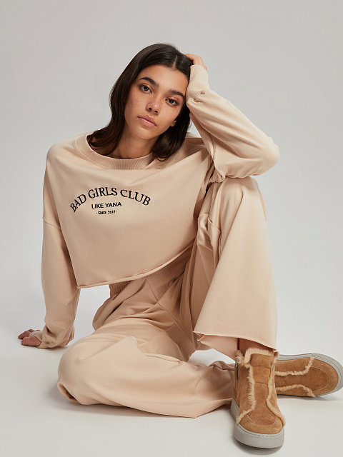 Black Embroidery Bad Girls Club Light Beige Jersey Set, 5