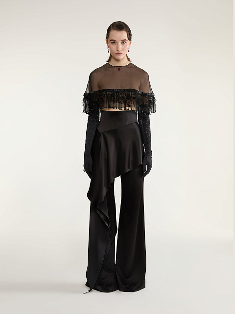 Black Silk Trousers With Asymmetrical Flounce, 3