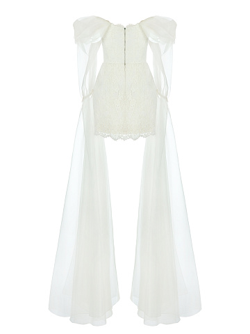 White Lace Organza Sleeve Mini Dress, 2