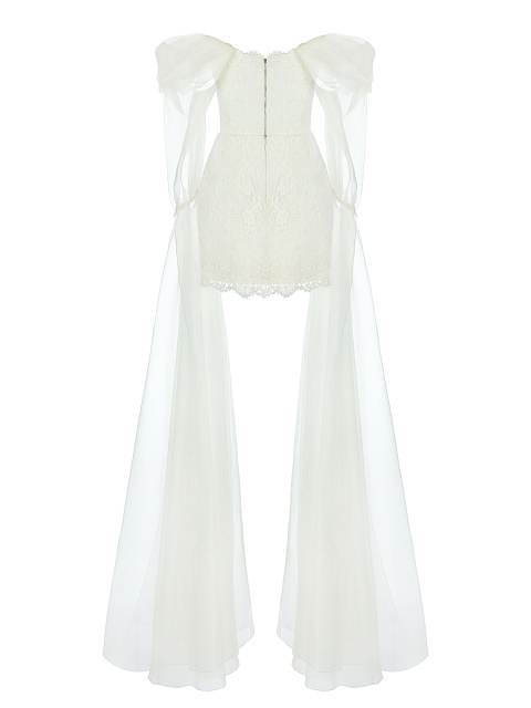 White Lace Organza Sleeve Mini Dress, 2