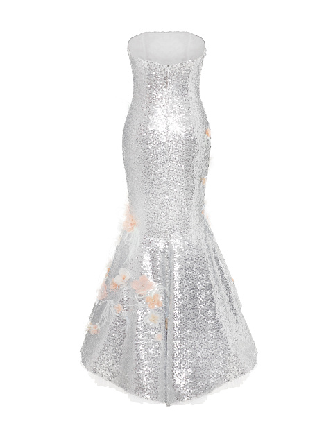 Silver Midi Dress With Organza Flowers, 6