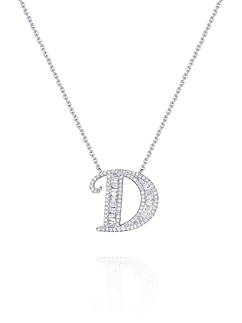 Necklace with a pendant in white gold and diamonds in the shape of the letter D, 1