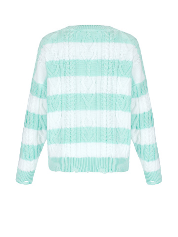 White & Mint Striped Distressed Cable Knit Sweater, 2