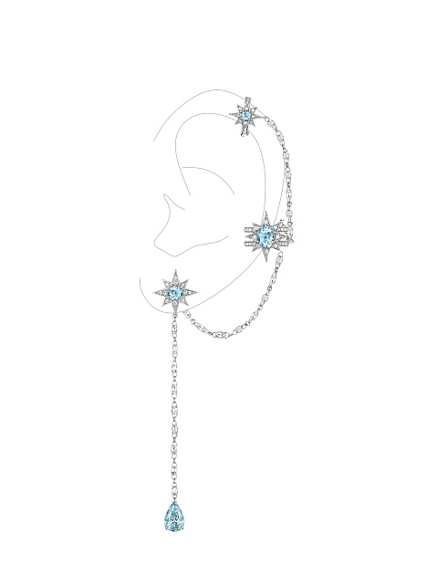 Long white gold earrings with ear cuff and aquamarines, 1