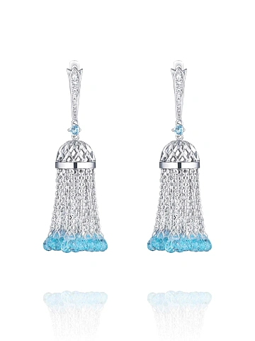 White gold tassel earrings with Sky topazes and sapphires, 1