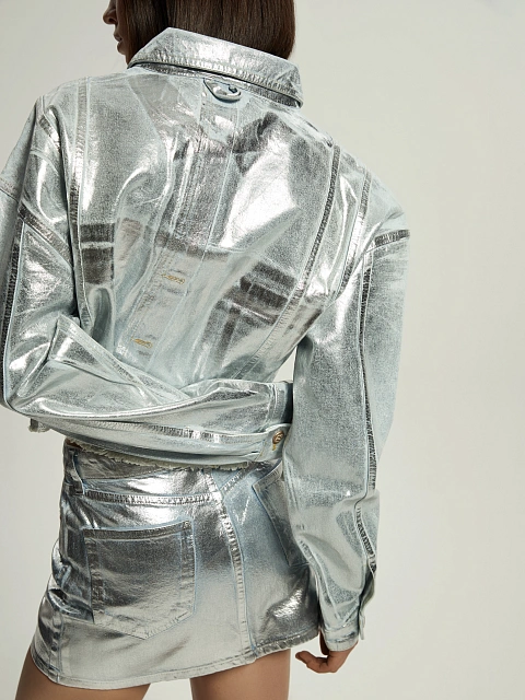 Silver Plated Light Blue Denim Mini Skirt, 6