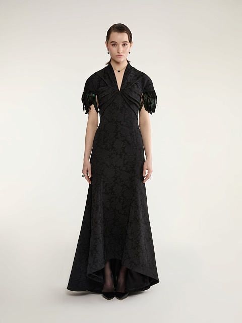 Black Jacquard Maxi Dress With Feathers, 3