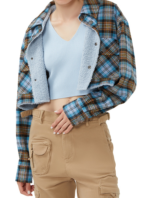 Blue Checked Cropped Faux Fur Lined Shirt, 5 Blue Checked Cropped Faux Fur Lined Shirt, 5