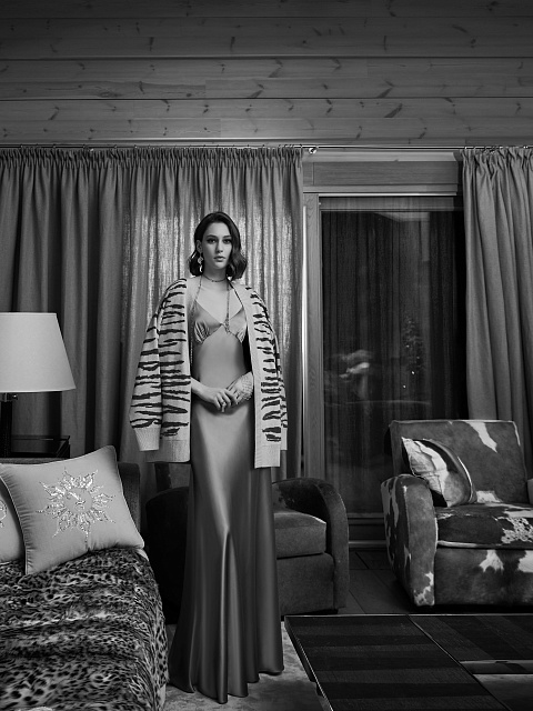 Beige Cashmere Tiger Printed Cardigan, 7