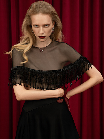 Black Organza Cape With Beaded Fringe, 2