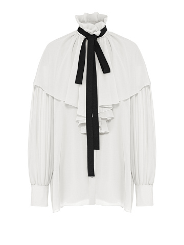 Milk-colored chiffon blouse with ruffles and ribbon, 1