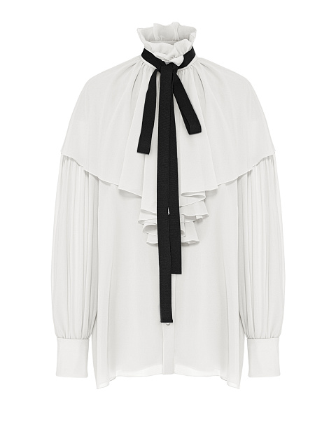 Milk-colored chiffon blouse with ruffles and ribbon, 1
