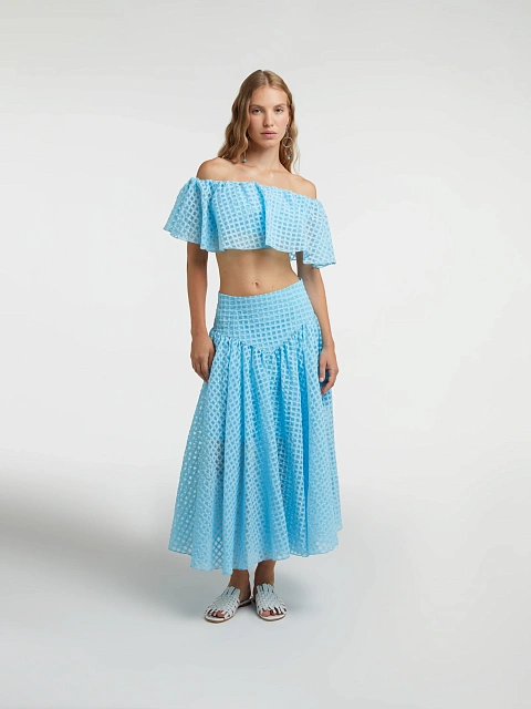 Blue Checked Chiffon Top & Midi Skirt, 5