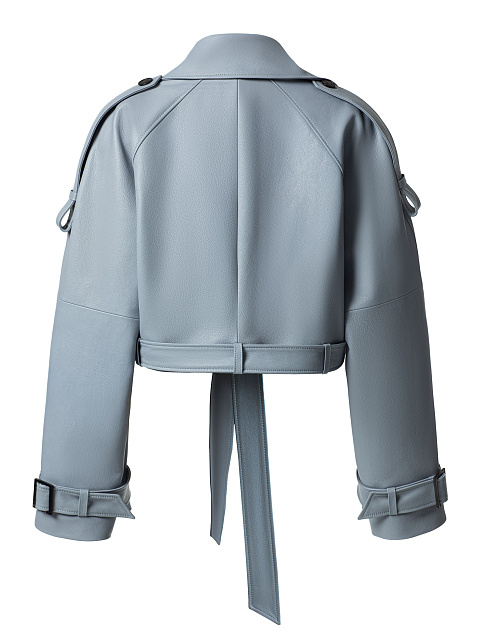 Тренч укороченный из серо-голубой кожи, объемные плечи, двубортный, 5