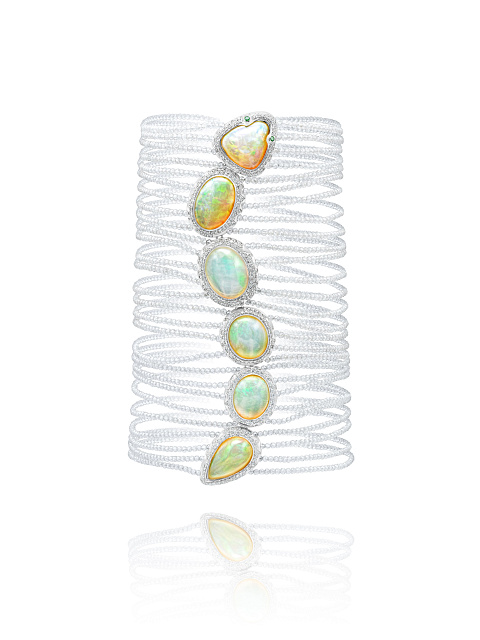 White Gold, Diamonds, Opals & Tsavorites Wide Bracelet, 1
