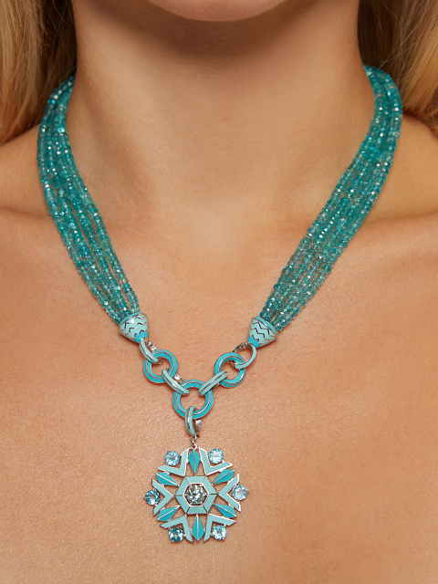 Silver necklace with a snowflake-shaped pendant with turquoise enamel and apatites, 2