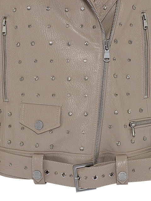 Beige Rhinestones Leather Biker Jacket, 3