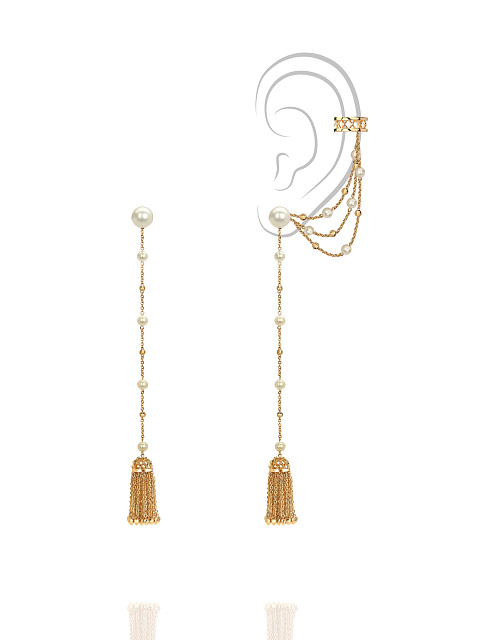 Tassel earrings with detachable cuff in yellow gold and pearls, 1