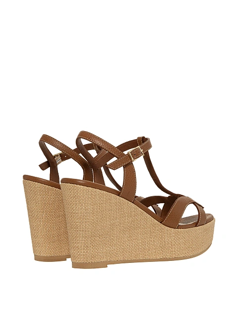 Brown Leather Wedge Sandals, 3