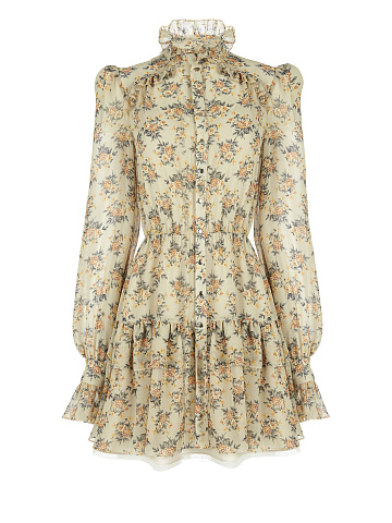 Beige chiffon mini dress with floral print, 1