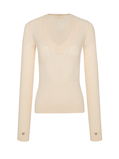 Beige Braided Cashmere V-neck Sweater, 1