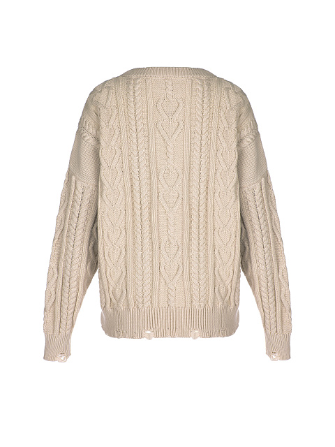 Beige Distressed Cable Knit Sweater, 2