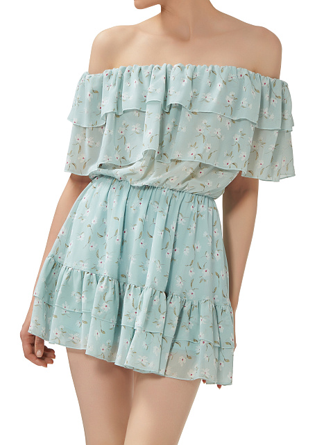 Light Blue Flower Printed Off Shoulder Mini Dress, 4