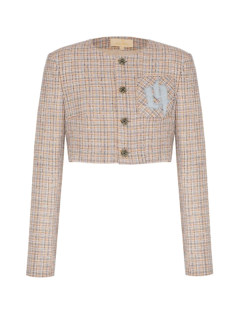 Beige and light blue cropped tweed jacket, 1